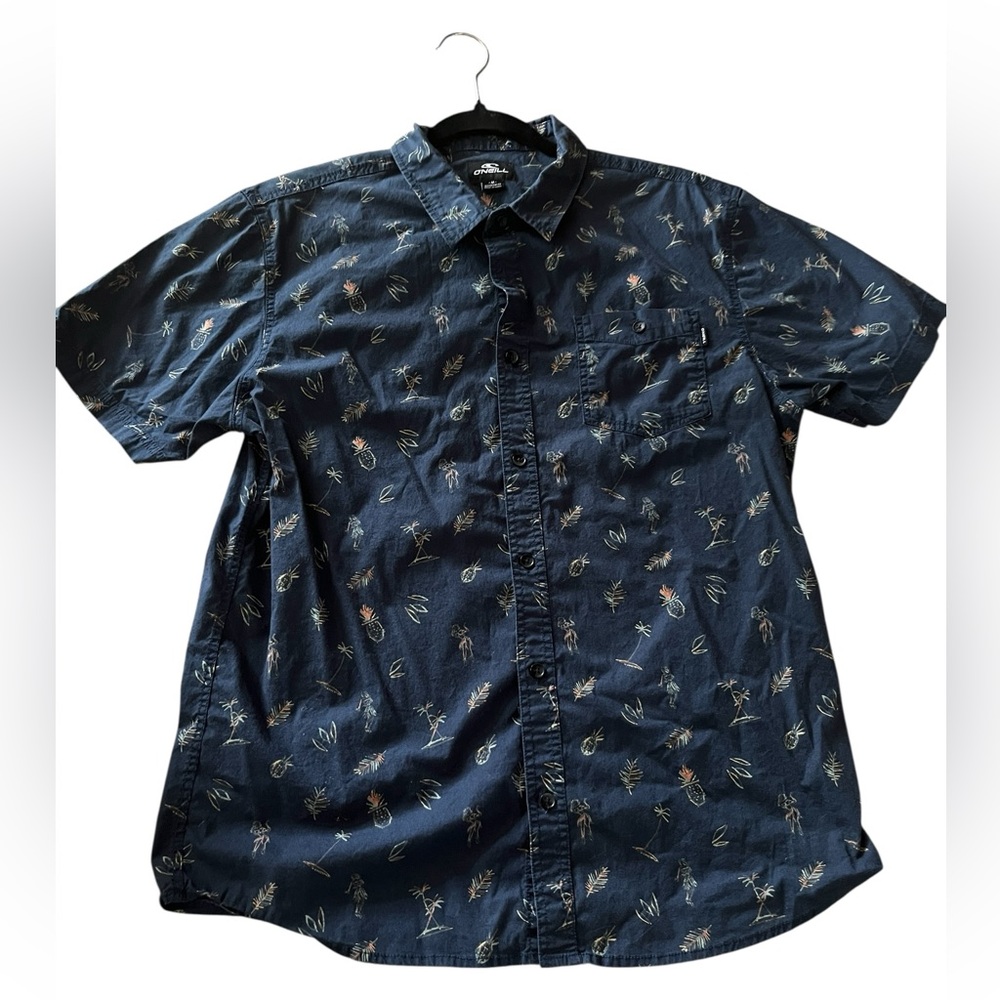 O’Neill Navy Blue Shirt – Medium – Pineapple, Dancing Girl & Palm Print